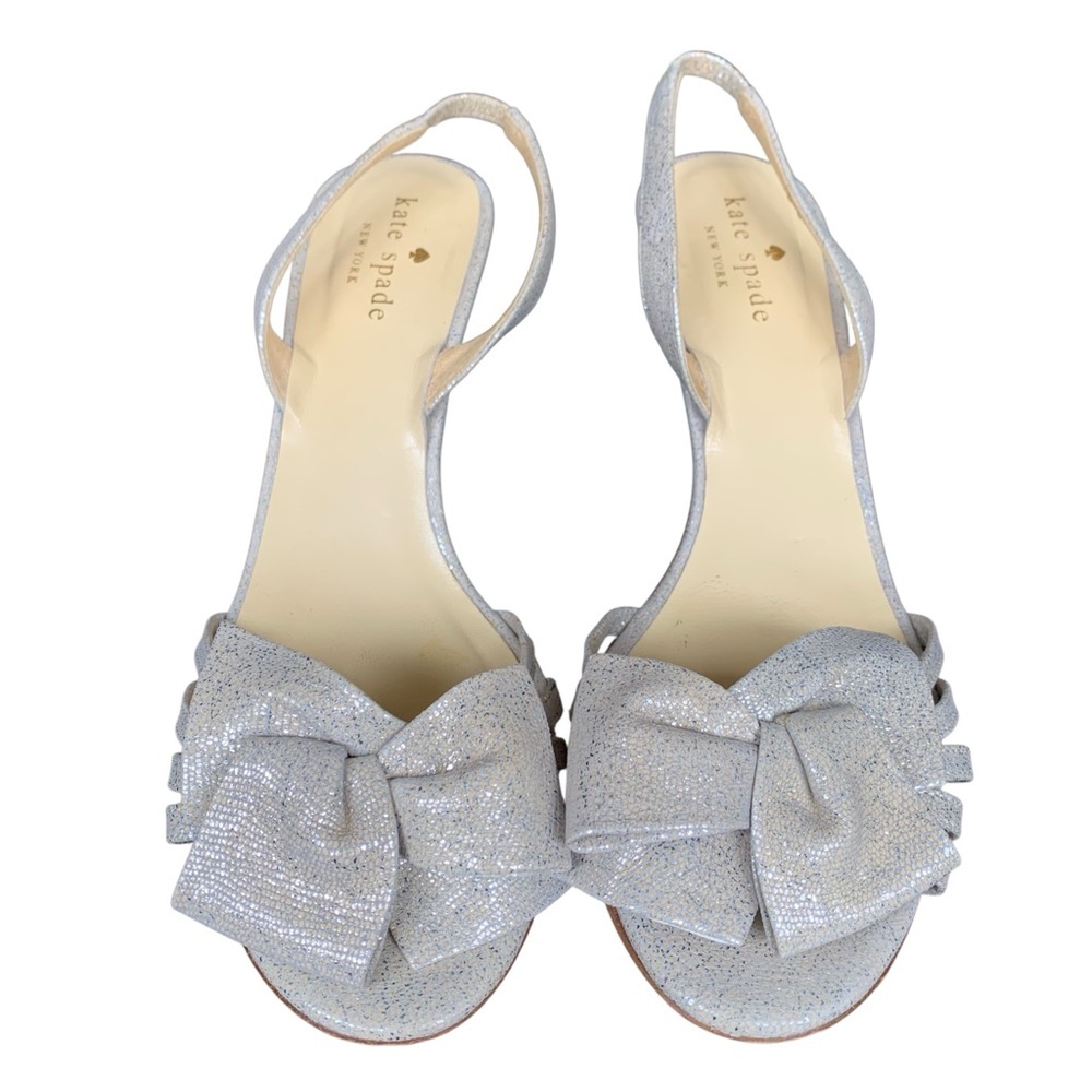 KATE SPADE Silver Glitter Bow Slingback‎ Kitten Heels 7
